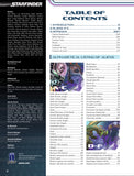 Table of contents for a Starfinder book with alien illustrations and text.