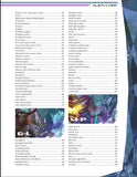 Contents page with alien species names and illustrations on a blue background