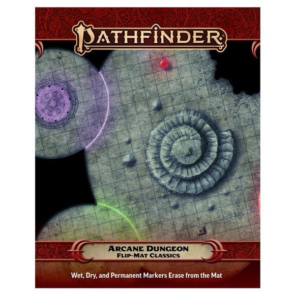 Pathfinder game mat with dungeon layout and markers on a white background
