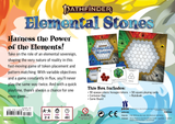 Back cover of Pathfinder Elemental Stones game packaging with colorful design and text.