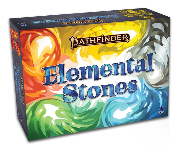 Board game box for 'Pathfinder Elemental Stones' with colorful swirling designs on a white background.
