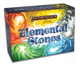 Board game box for 'Pathfinder Elemental Stones' with colorful swirling designs on a white background.
