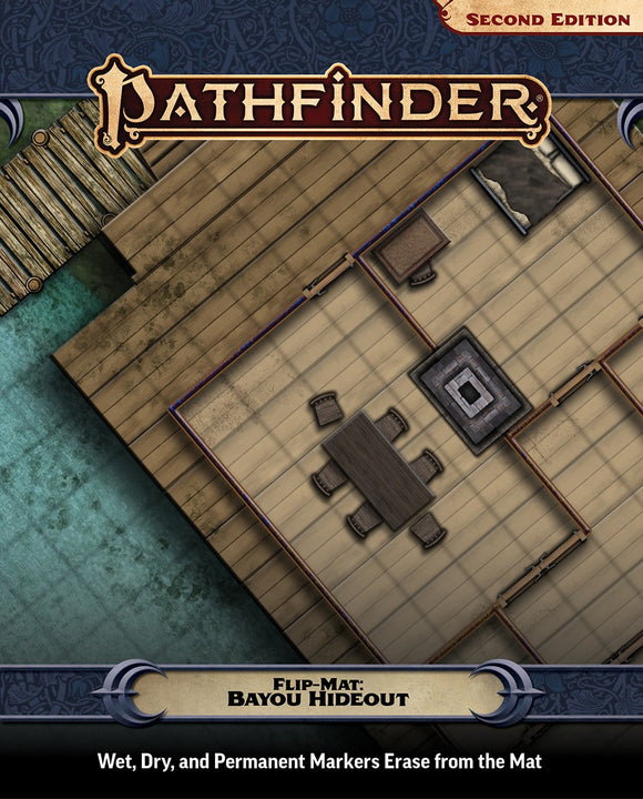 Pathfinder game mat with 'Bayou Hideout' design on a blue background