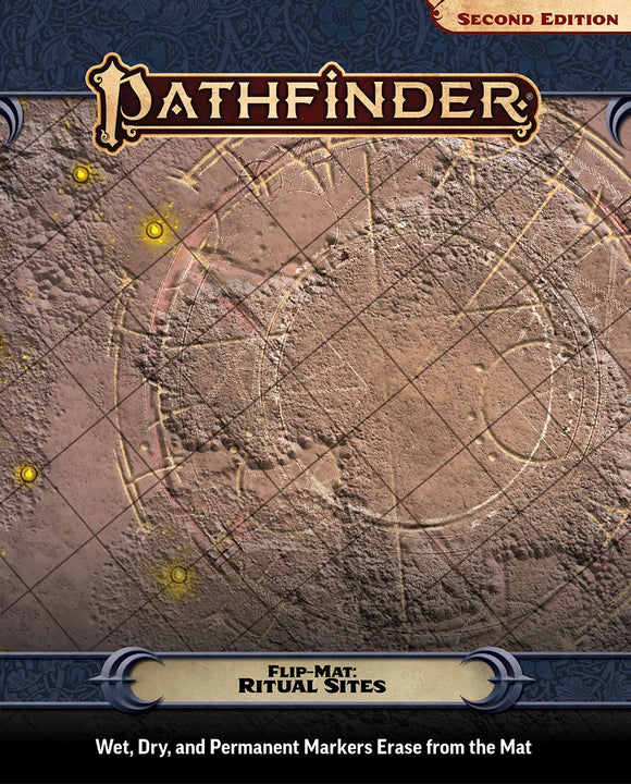 Pathfinder game flip-mat with ritual sites design on a textured surface.