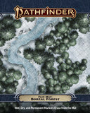 Pathfinder game flip-mat with a boreal forest design featuring trees and a river.