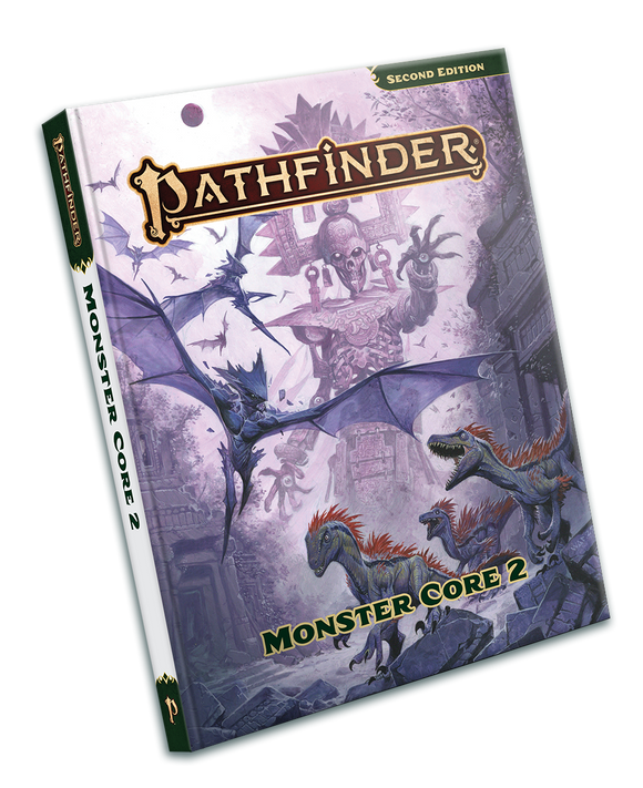 Pathfinder Monster Core 2 book cover with dragons and castle illustration on a white background
