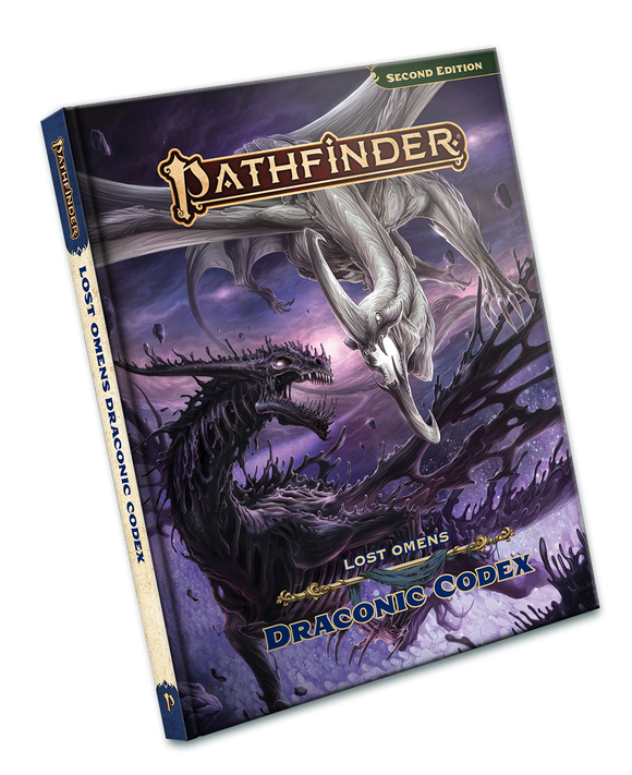 Pathfinder Lost Omens Draconic Codex book with dragons on a purple background