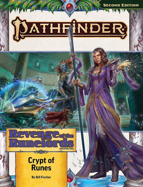 Pathfinder game book cover with a character in a purple robe and sword, and text 'Revenge of the Runelords'.