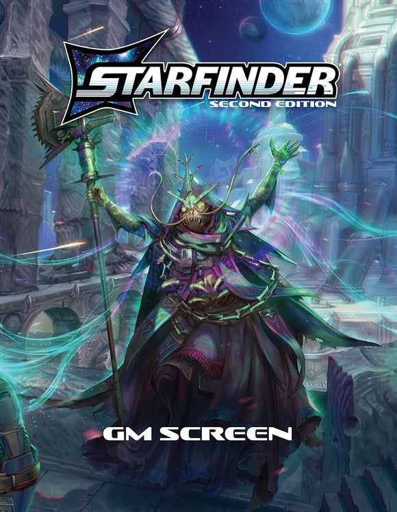 Starfinder Second Edition GM Screen cover with a character holding a weapon in a fantasy setting.