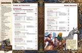 Table of contents and dark archive page from a fantasy role-playing game book.
