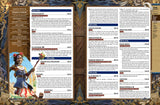 Character sheet from a role-playing game with detailed information and an illustration of a character.