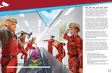 Illustrated book page with characters in red uniforms and a futuristic setting.
