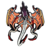 Skeletal dragon with orange wings and purple head on a white background