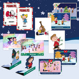 Collection of Peanuts-themed cards on a blue background with star decorations