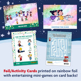Foil/activity cards with Peanuts characters on a snowy background