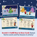 Set of Peanuts-themed scratch 'n' sniff cards with Christmas scenes and drawing instructions on a blue background.