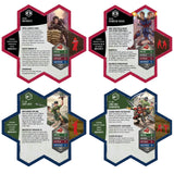 Hexagonal game cards with character illustrations and text on a white background