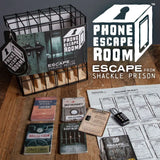 Phone Escape Room game set with cards, lock, and score sheet on a wooden surface.