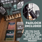 Escape room game components with padlock on a wooden surface