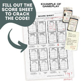 Score sheet and answer cards for a code-cracking game with text instructions.