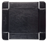 Black leather dice tray on a white background