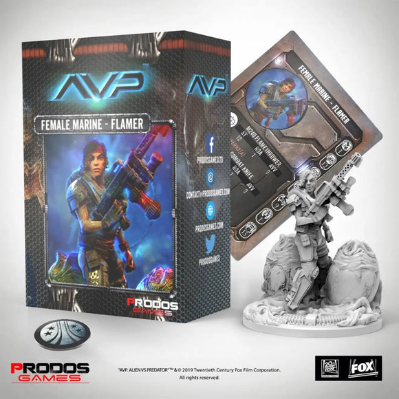 Framed figurine of a female marine from 'AVP' with packaging and card on a white background