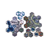 Hexagonal game pieces with various patterns on a white background