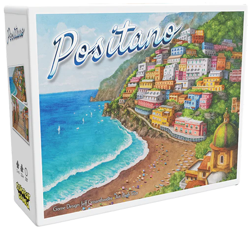 Board game box titled 'Positano' with a colorful coastal scene on the cover.