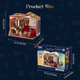 Product size chart for a Harry Potter-themed miniature room set with packaging dimensions.