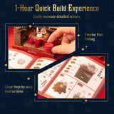 Promotional graphic for a Harry Potter quick-build miniature set, showing a hand assembling small red and brown pieces, an instruction booklet, and text highlighting '1-Hour Quick Build Experience,' 'Precise Part Fitting,' and 'Clear Step-by-step Instructions.'.