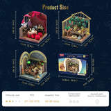 Product size chart with miniature models and packaging on a dark background