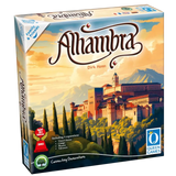 Alhambra board game box by Queen Games, featuring an illustrated scene of the historic palace in Jerusalem with mountains, trees, and a warm sunset sky. The box shows the title 'Alhambra' prominently and the Queen Games logo in the bottom right corner.