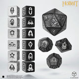 Set of dice with character symbols from 'The Hobbit' on a white background