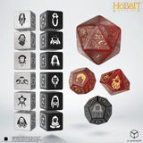 Set of dice with character symbols and a large red die featuring '20' on a white background.