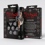 Tribal dice set packaging with dice visible through the front panel on a white background