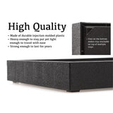 Black tray with text highlighting its quality and features on a white background