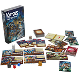 Board game components including a box, cards, and miniatures on a white background