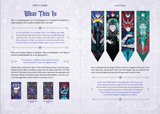 Book pages with colorful tarot card designs and text on a white background