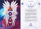 Illustration of a winged figure with eye symbols on a colorful background, accompanied by text on the right.