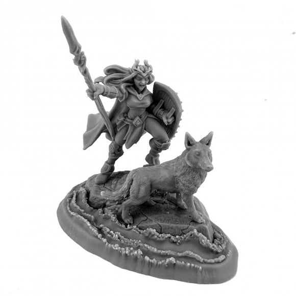 Gray miniature figurine of a warrior with a shield and spear, accompanied by a wolf, on a white background.