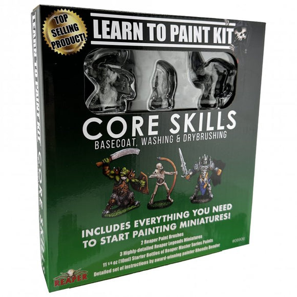 Box for a learn-to-paint miniatures kit with miniature figures on a white background