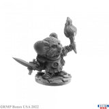 Gray miniature figurine of a mouse-like creature holding a sword and a bird on a white background.