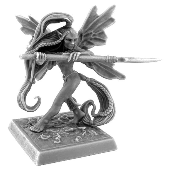 Metallic figurine of a fantasy character with wings and a spear on a white background
