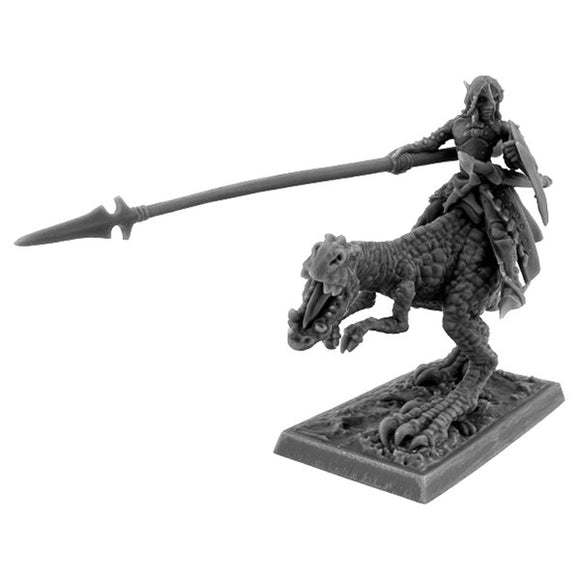 Gray figurine of a warrior on a creature with a spear on a white background