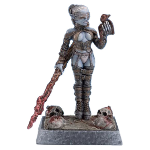 Statue of a warrior character with a weapon on a white background