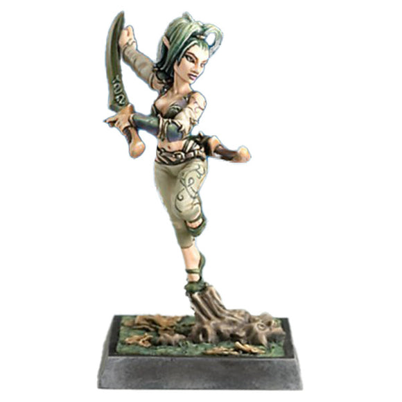 Figurine of a warrior with green hair and armor on a white background