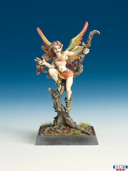 Fantasy figurine of a fairy with wings on a base against a gradient blue background