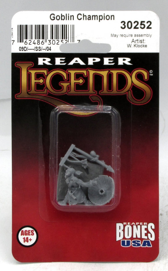 Goblin Champion miniature in packaging with Reaper Legends branding