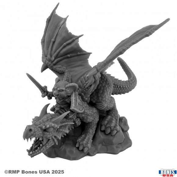 Gray dragon figurine with a warrior on a white background