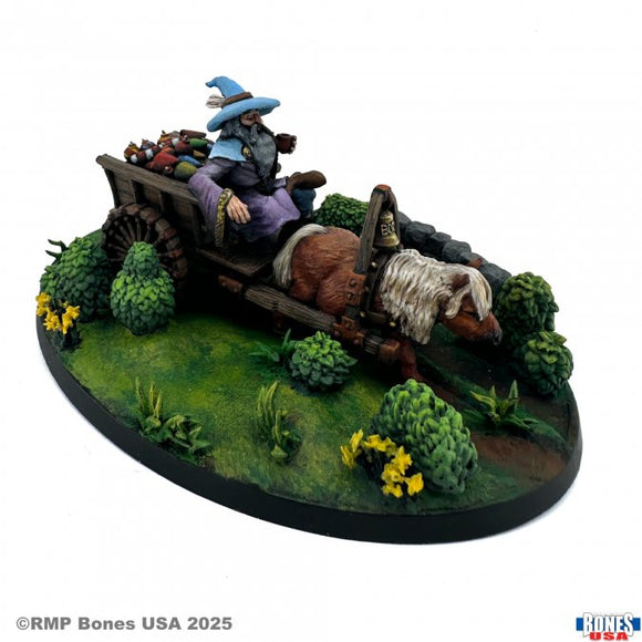 Figurine of a wizard on a cart with a horse, set against a scenic background with grass and flowers.